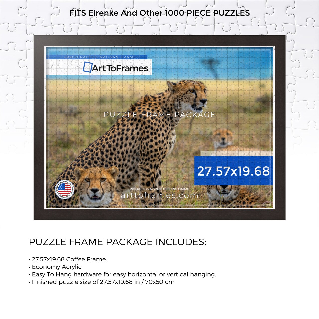 ArtToFrames 27.57x19.68 INCH / 70x50 CM Puzzle Frame for 1000 piece Puzzles.This 1.25 Inch Custom MDF Frame for Puzzles Comes with Economy Acrylic, Available in Multiple Colors